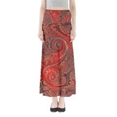 Scarlet Red Grey Brown Swirls Spirals Full Length Maxi Skirt by SpinnyChairDesigns