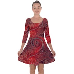 Scarlet Red Grey Brown Swirls Spirals Quarter Sleeve Skater Dress by SpinnyChairDesigns