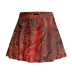 Scarlet Red Grey Brown Swirls Spirals Mini Flare Skirt by SpinnyChairDesigns