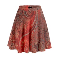 Scarlet Red Grey Brown Swirls Spirals High Waist Skirt by SpinnyChairDesigns