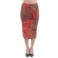 Scarlet Red Grey Brown Swirls Spirals Midi Pencil Skirt by SpinnyChairDesigns