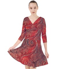 Scarlet Red Grey Brown Swirls Spirals Quarter Sleeve Front Wrap Dress by SpinnyChairDesigns