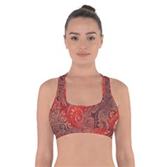 Scarlet Red Grey Brown Swirls Spirals Cross Back Sports Bra by SpinnyChairDesigns