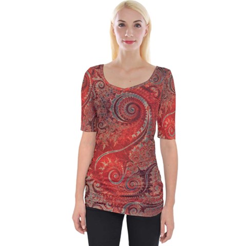 Scarlet Red Grey Brown Swirls Spirals Wide Neckline Tee by SpinnyChairDesigns