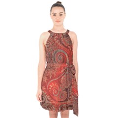 Scarlet Red Grey Brown Swirls Spirals Halter Collar Waist Tie Chiffon Dress by SpinnyChairDesigns