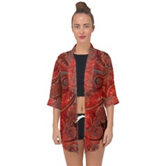 Scarlet Red Grey Brown Swirls Spirals Open Front Chiffon Kimono by SpinnyChairDesigns