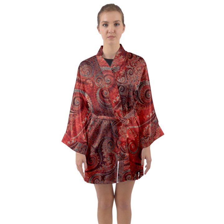 Scarlet Red Grey Brown Swirls Spirals Long Sleeve Satin Kimono