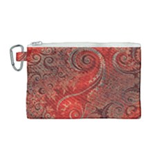 Scarlet Red Grey Brown Swirls Spirals Canvas Cosmetic Bag (medium) by SpinnyChairDesigns