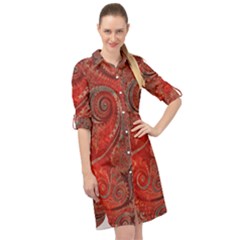 Scarlet Red Grey Brown Swirls Spirals Long Sleeve Mini Shirt Dress