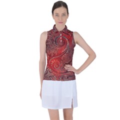 Scarlet Red Grey Brown Swirls Spirals Women s Sleeveless Polo Tee by SpinnyChairDesigns