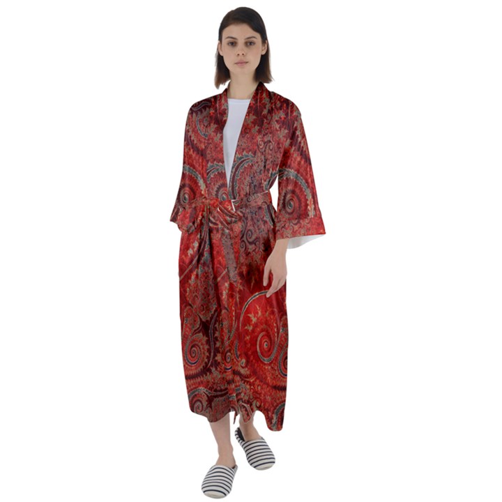 Scarlet Red Grey Brown Swirls Spirals Maxi Satin Kimono