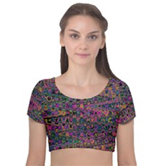 Colorful Bohemian Mosaic Pattern Velvet Short Sleeve Crop Top  by SpinnyChairDesigns