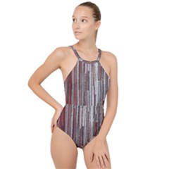 Abstract Grunge Stripes Red White Green High Neck One Piece Swimsuit by SpinnyChairDesigns