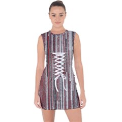 Abstract Grunge Stripes Red White Green Lace Up Front Bodycon Dress by SpinnyChairDesigns