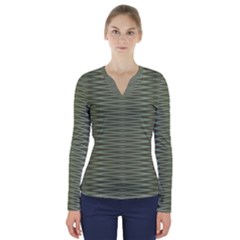 Chive And Olive Stripes Pattern V-neck Long Sleeve Top by SpinnyChairDesigns