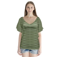 Chive And Olive Stripes Pattern V-neck Flutter Sleeve Top by SpinnyChairDesigns