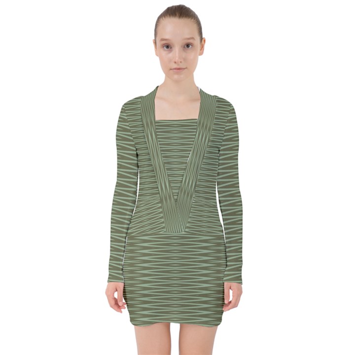 Chive and Olive Stripes Pattern V-neck Bodycon Long Sleeve Dress