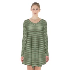 Chive And Olive Stripes Pattern Long Sleeve Velvet V-neck Dress by SpinnyChairDesigns