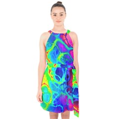 Abstract Art Tie Dye Rainbow Halter Collar Waist Tie Chiffon Dress by SpinnyChairDesigns