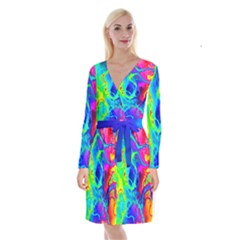 Abstract Art Tie Dye Rainbow Long Sleeve Velvet Front Wrap Dress by SpinnyChairDesigns