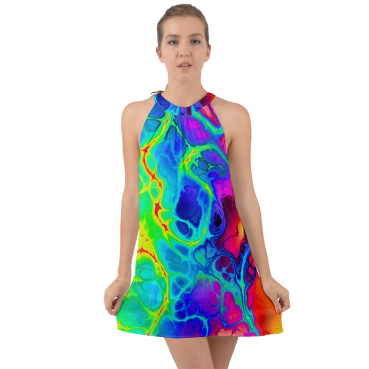 Abstract Art Tie Dye Rainbow Halter Tie Back Chiffon Dress