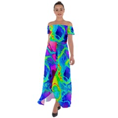 Abstract Art Tie Dye Rainbow Off Shoulder Open Front Chiffon Dress by SpinnyChairDesigns