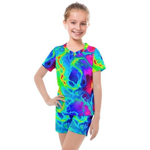 Abstract Art Tie Dye Rainbow Kids  Mesh Tee And Shorts Set by SpinnyChairDesigns