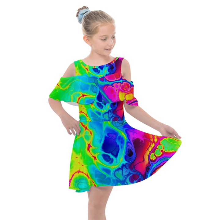 Abstract Art Tie Dye Rainbow Kids  Shoulder Cutout Chiffon Dress