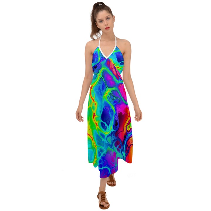 Abstract Art Tie Dye Rainbow Halter Tie Back Dress 