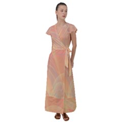 Coral Cream Abstract Art Pattern Flutter Sleeve Maxi Dress by SpinnyChairDesigns