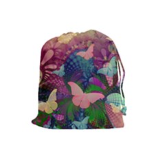 Butterfly Garden Art Drawstring Pouch (large) by SpinnyChairDesigns