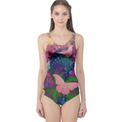 Butterfly Garden Art One Piece Swimsuit by SpinnyChairDesigns