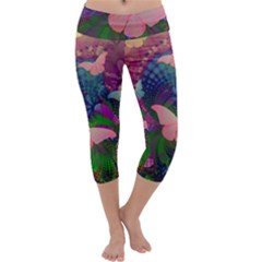 Butterfly Garden Art Capri Yoga Leggings by SpinnyChairDesigns