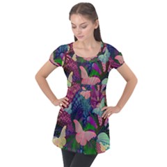 Butterfly Garden Art Puff Sleeve Tunic Top by SpinnyChairDesigns