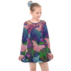 Butterfly Garden Art Kids  Long Sleeve Dress by SpinnyChairDesigns