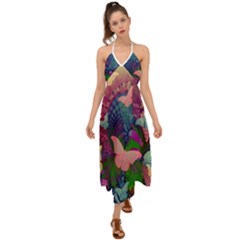 Butterfly Garden Art Halter Tie Back Dress  by SpinnyChairDesigns