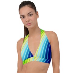 Sporty Stripes Swoosh Green Blue Halter Plunge Bikini Top by SpinnyChairDesigns