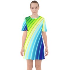 Sporty Stripes Swoosh Green Blue Sixties Short Sleeve Mini Dress by SpinnyChairDesigns