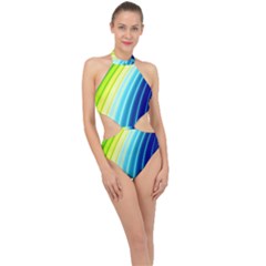 Sporty Stripes Swoosh Green Blue Halter Side Cut Swimsuit by SpinnyChairDesigns