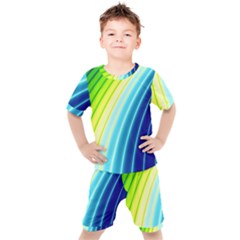 Sporty Stripes Swoosh Green Blue Kids  Tee And Shorts Set by SpinnyChairDesigns