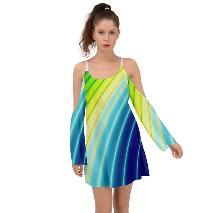 Sporty Stripes Swoosh Green Blue Kimono Sleeves Boho Dress