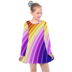 Sporty Stripes Swoosh Purple Gold Red Kids  Long Sleeve Dress by SpinnyChairDesigns