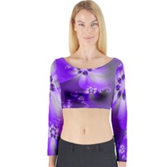 Violet Purple Flower Print Long Sleeve Crop Top by SpinnyChairDesigns