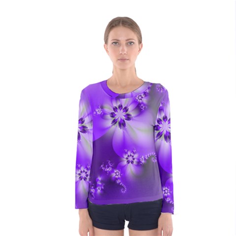 Violet Purple Flower Print Women s Long Sleeve Tee by SpinnyChairDesigns