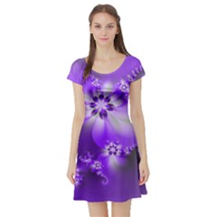 Violet Purple Flower Print Short Sleeve Skater Dress by SpinnyChairDesigns