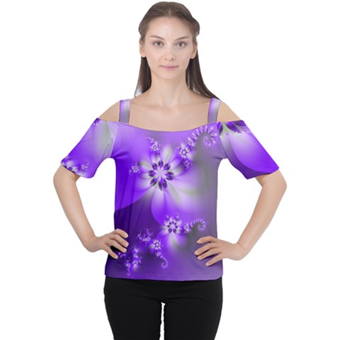 Violet Purple Flower Print Cutout Shoulder Tee by SpinnyChairDesigns