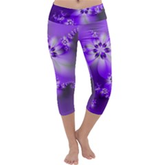 Violet Purple Flower Print Capri Yoga Leggings by SpinnyChairDesigns