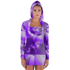 Violet Purple Flower Print Long Sleeve Hooded T-shirt by SpinnyChairDesigns