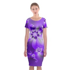 Violet Purple Flower Print Classic Short Sleeve Midi Dress by SpinnyChairDesigns