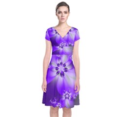 Violet Purple Flower Print Short Sleeve Front Wrap Dress by SpinnyChairDesigns